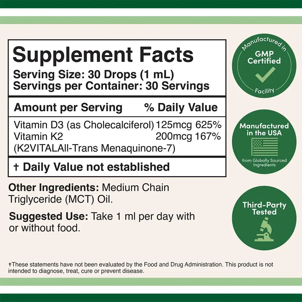 Double Wood Supplements Vitamina D3 + K2 Líquida (30 ml) - Imagen 2