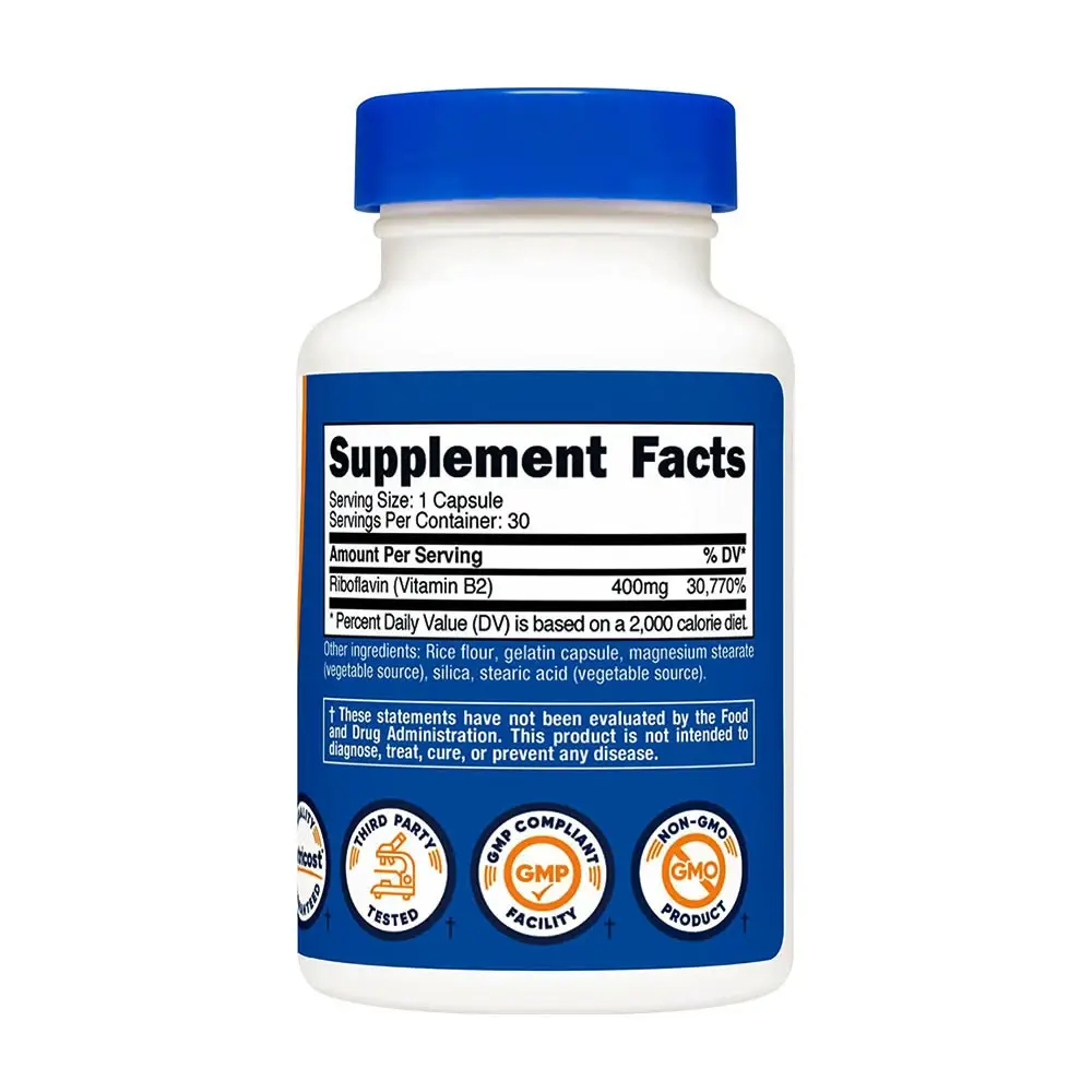 Nutricost Vitamin B2 Riboflavina 400 mg (30 Cápsulas) - Imagen 2