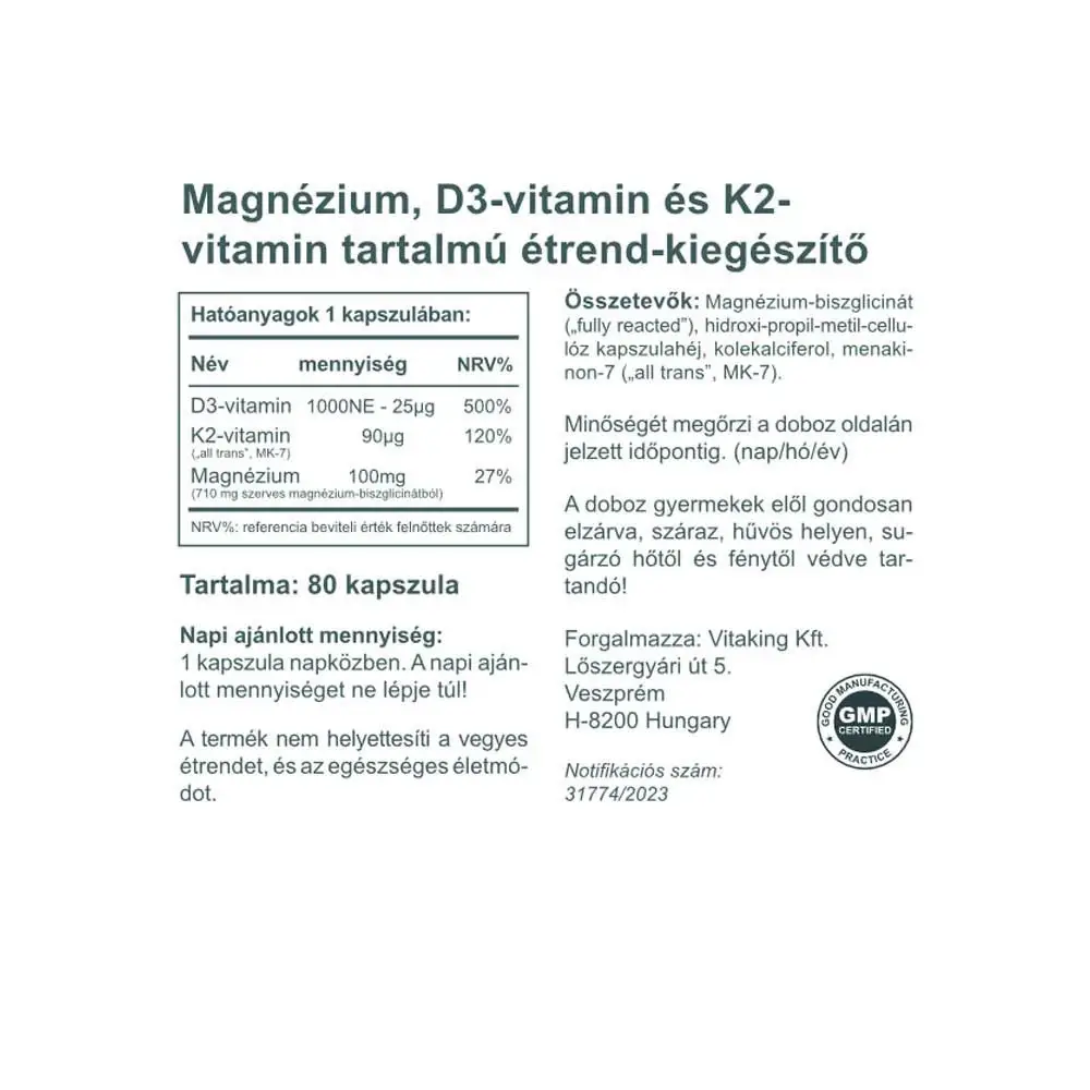 Vitaking MagneTrio D3+K2+ Magnesium bisglycinate (80 Cápsulas) - Imagen 2