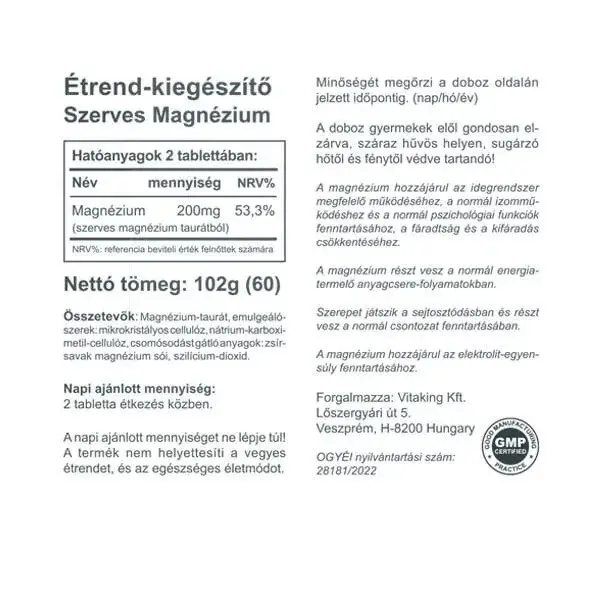 Vitaking Magnesium Taurate 100 mg – 60 Comprimidos - Imagen 2