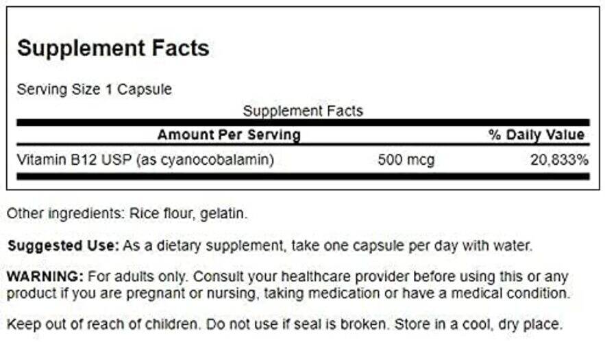 Vitamina B12, 500 mcg – 100 cápsulas - Imagen 3